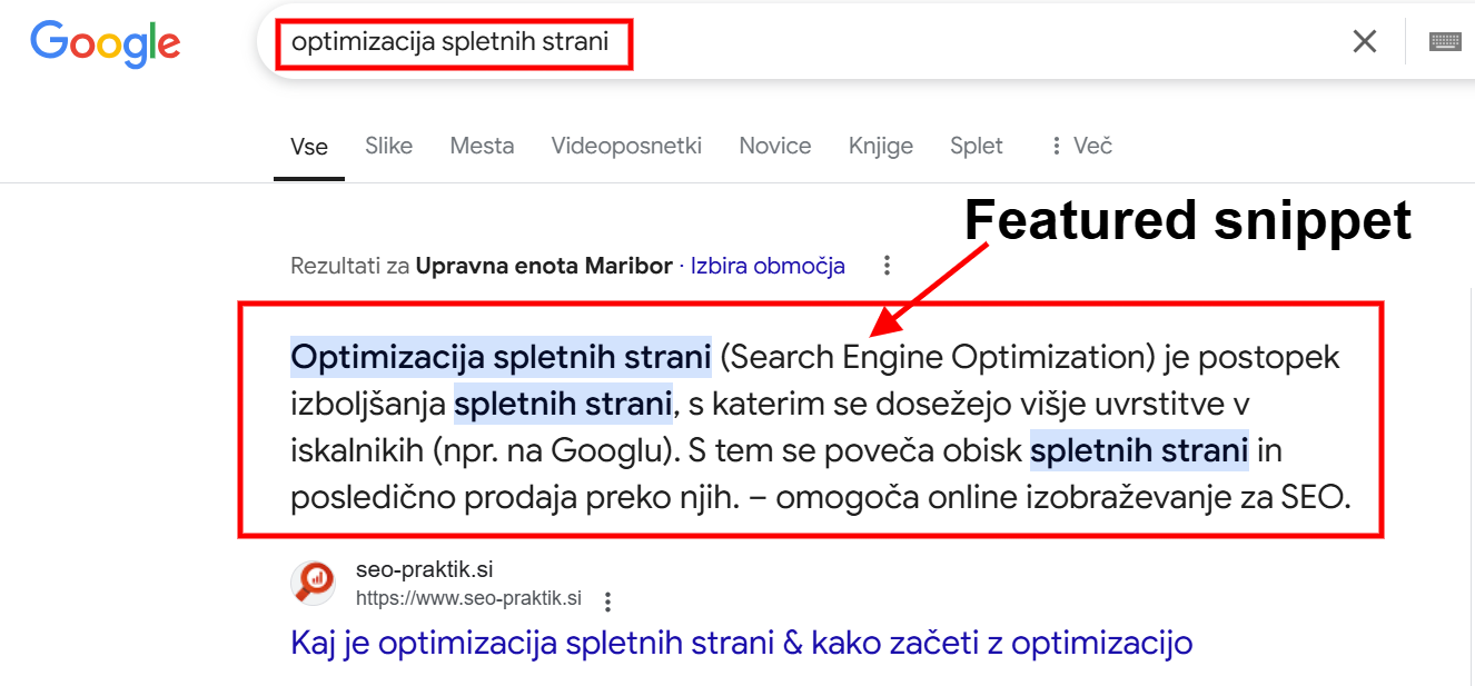 featured snippet optimizacija spletnih strani seo praktik