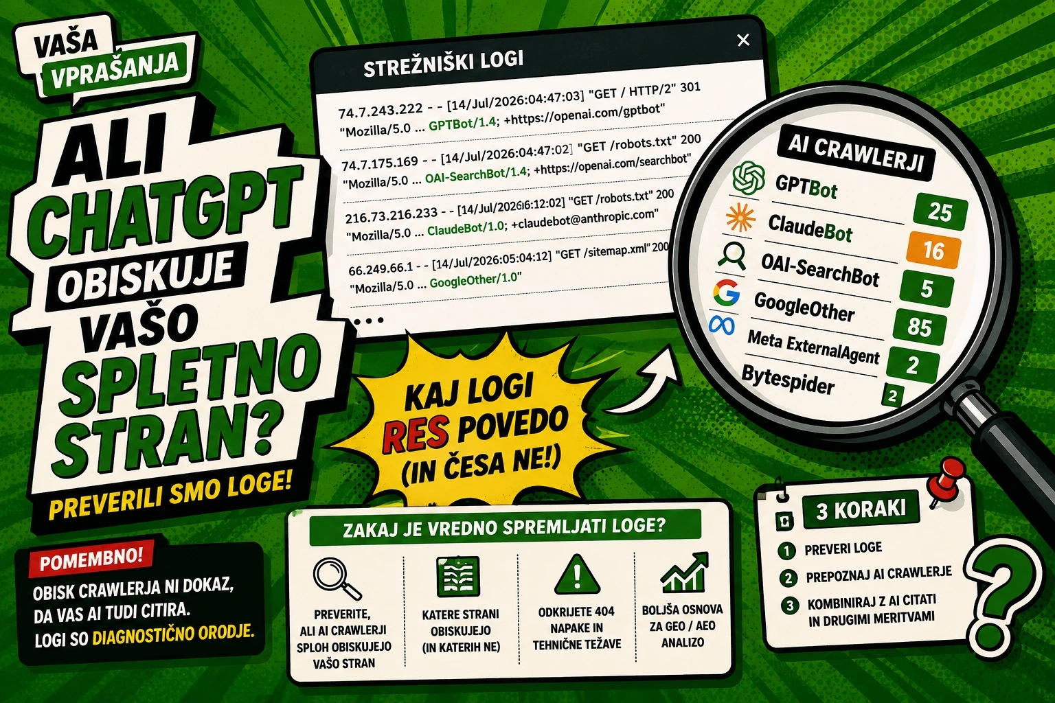 Ali strežniški logi pokažejo, da ChatGPT uporablja vašo spletno stran? Ali lahko iz strežniških logov ugotovite ali vas ChatGPT uporablja