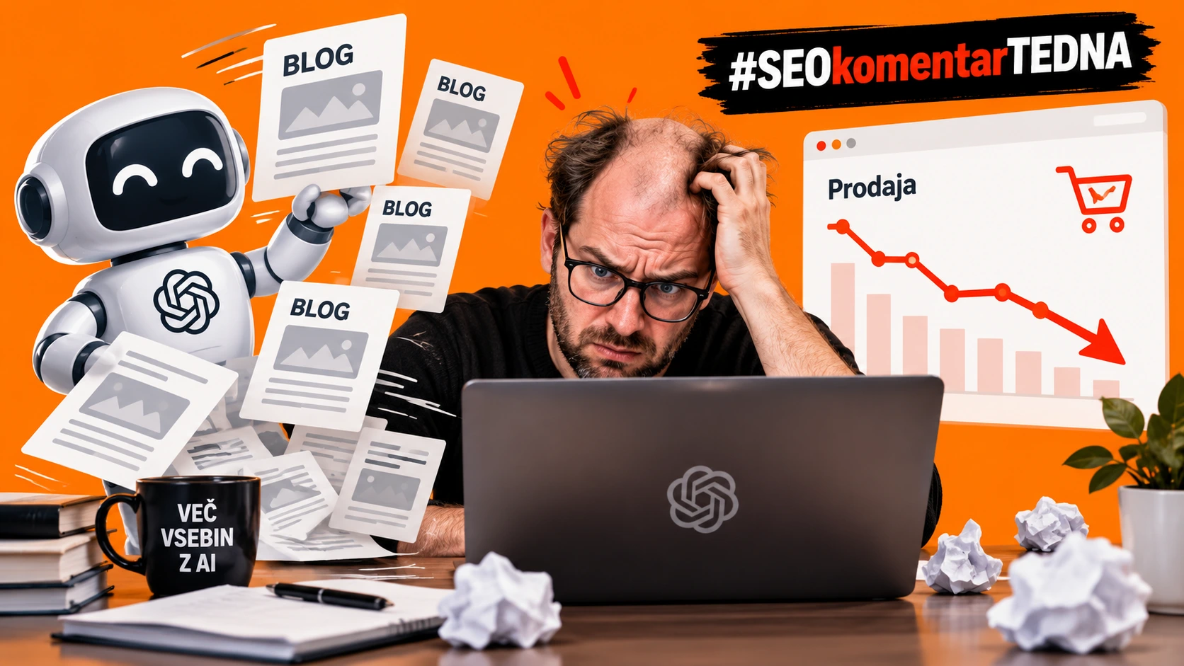 92 % content marketerjev uporablja AI. Samo 14 % jih pravi, da njihov blog daje dobre rezultate. Nerodno.